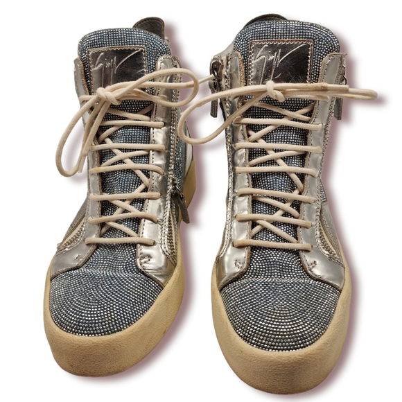 (RARE)Giuseppe Zanotti Blue/Silver Denim Justy Crystal Studded High Top Sneakers - Picture 1 of 8